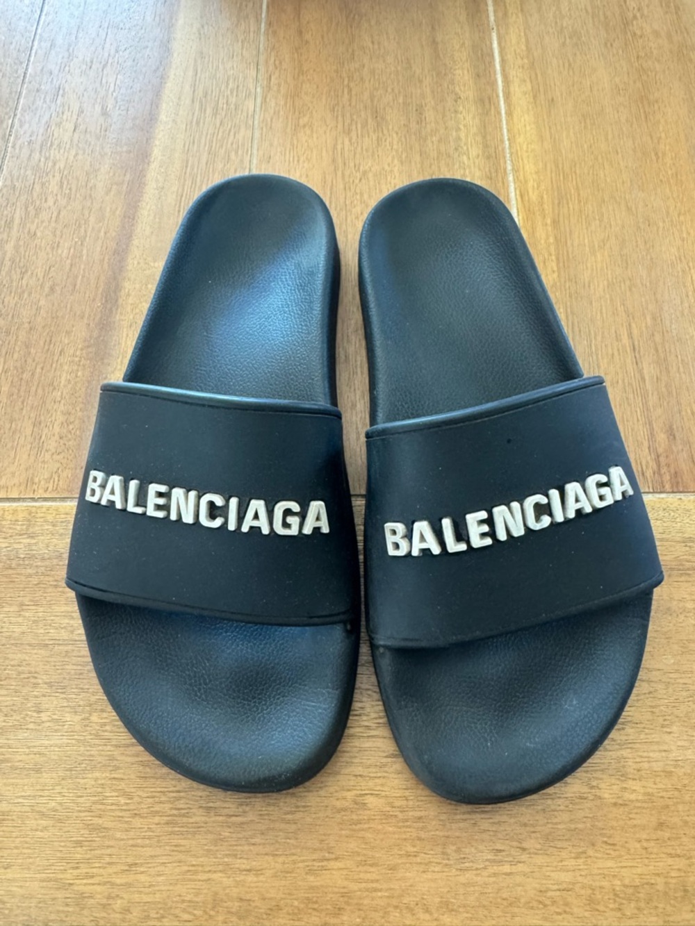 Balenciaga Black Slides with White Raised Logo